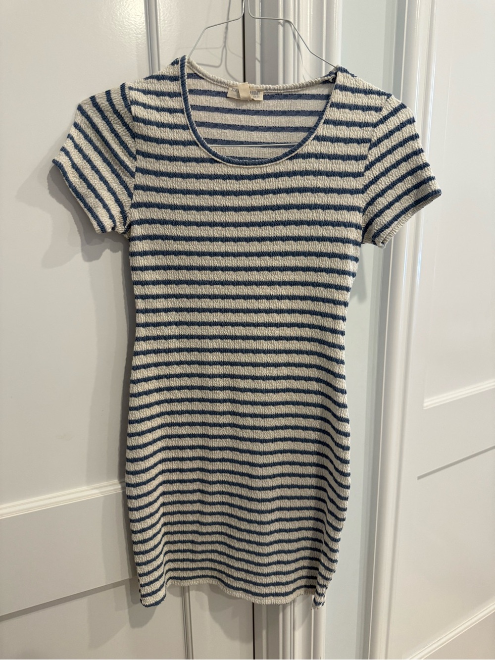 See You Monday Blue and White Striped Knit Short Sleeve Dress